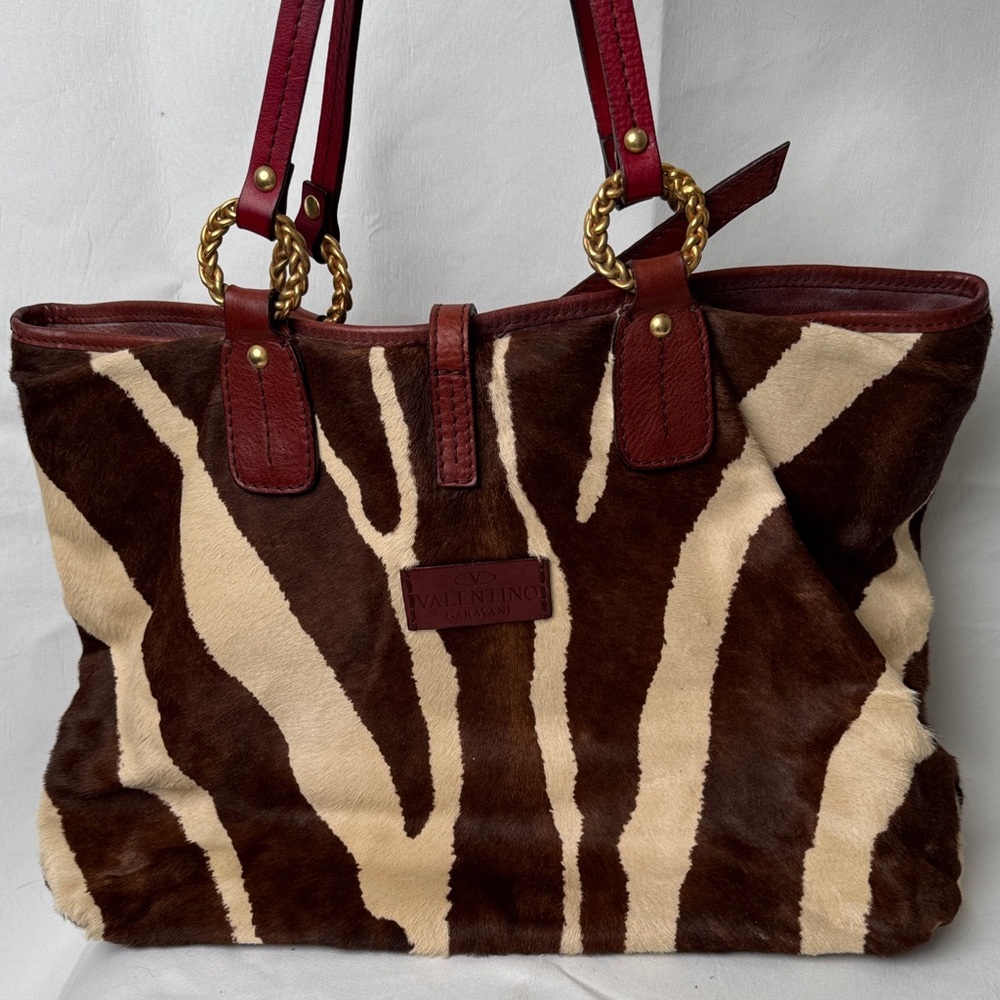 Valentino Garavani Brown and Cream Zebra Print Large Horsehair Handbag